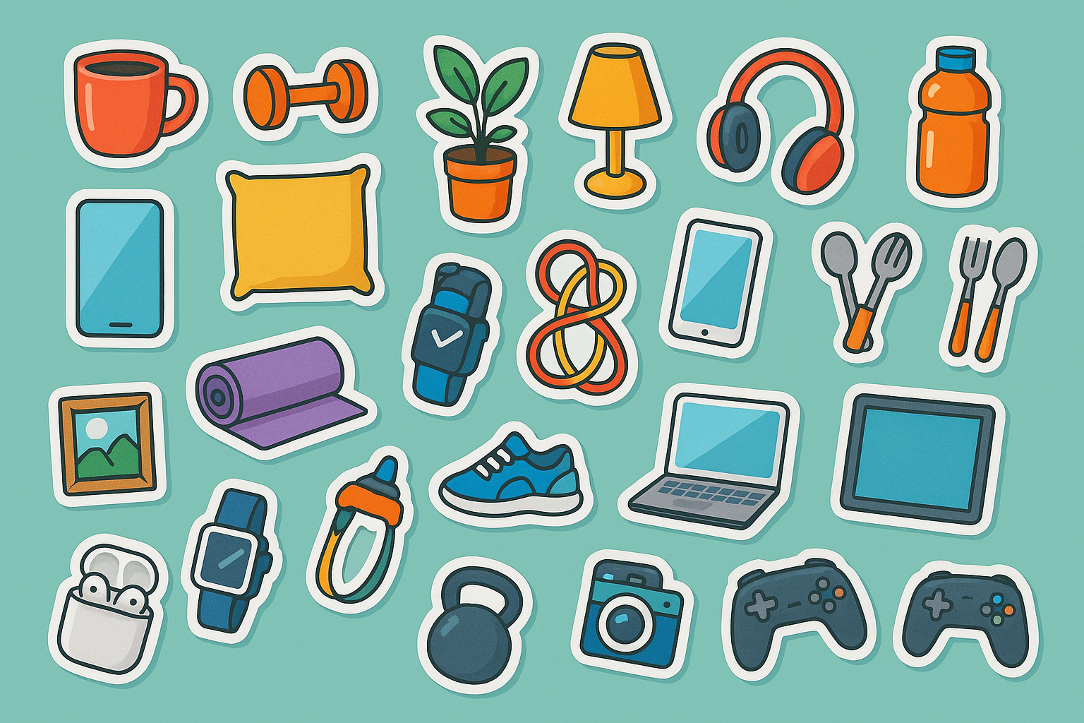 Una imagencon articulos de casa, gimnasio y tecnologia, en forma de stikers esparsidos aleatoriamente por la imegen, con el fondo de un color verde agua pastel